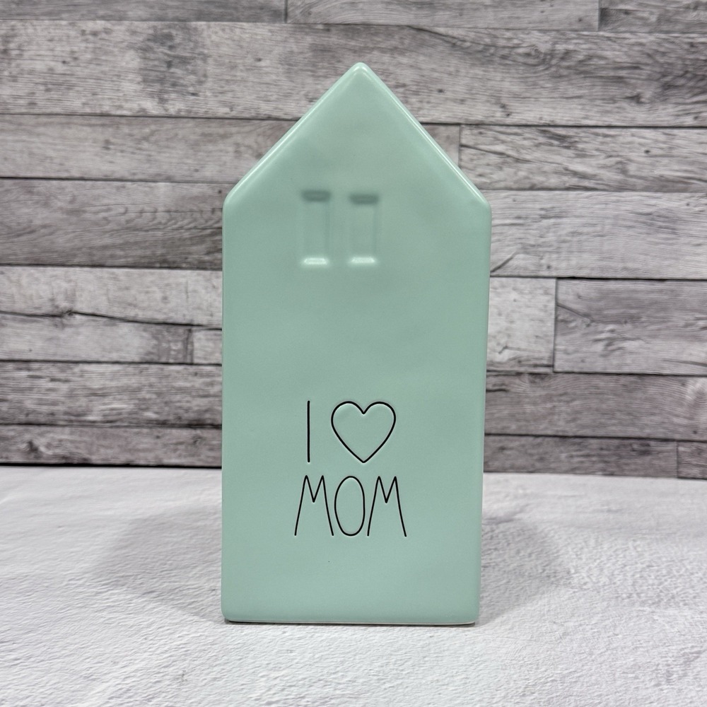 Rae Dunn by Magenta Teal "I LOVE MOM" House shaped Flower Vase Cottagecore Decor